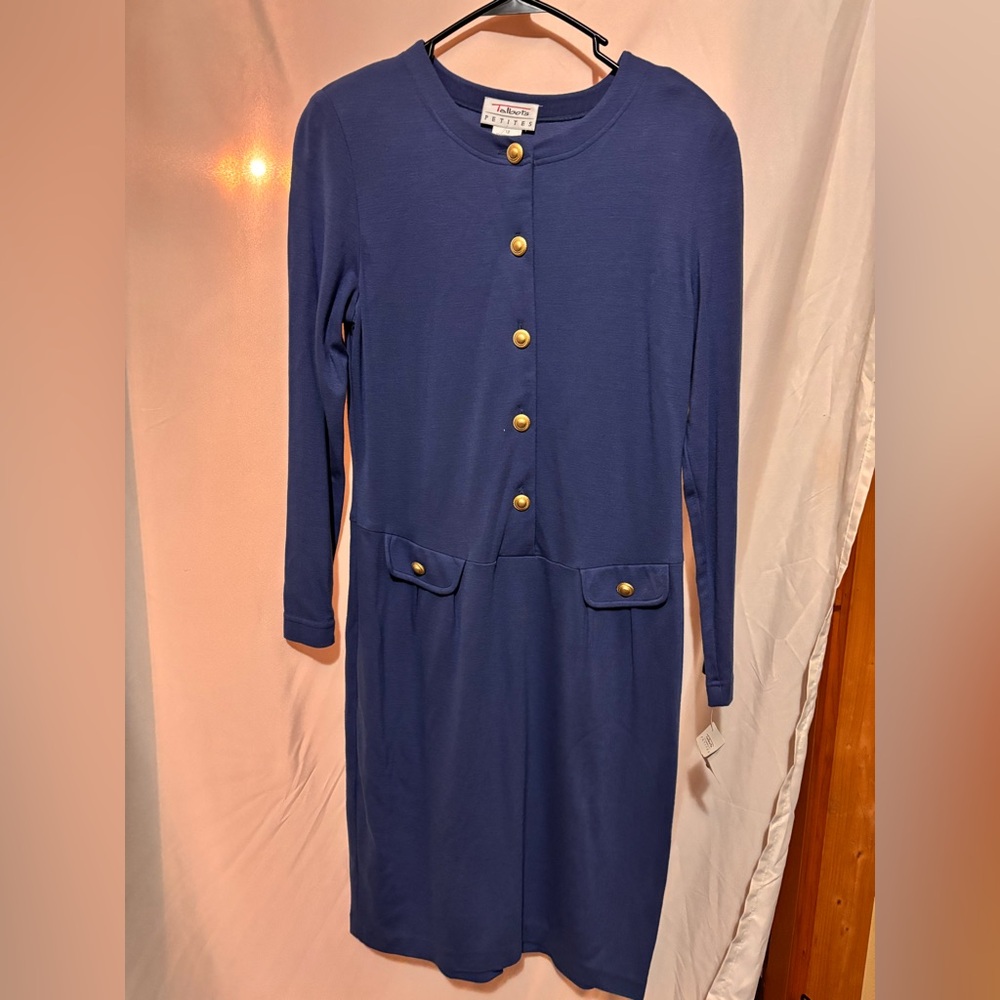 Talbots Blue Long Sleeve Dress with Gold Buttons NWT